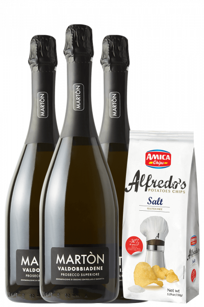 3 Prosecco Di Valdobbiadene Superiore DOCG Extra Dry Martòn + Amica Chips Alfredo's Sea Salt 3 x 150gr