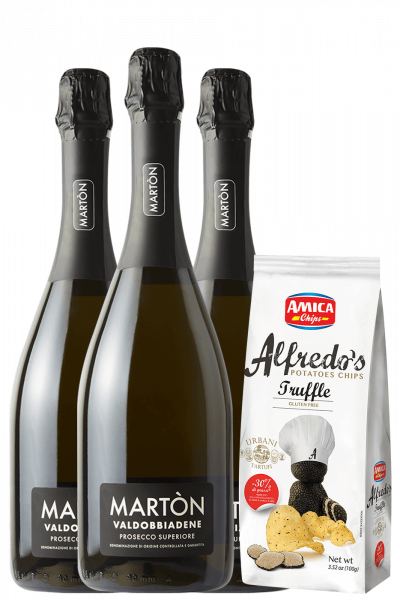 3 Prosecco Di Valdobbiadene Superiore DOCG Extra Dry Martòn + Amica Chips Truffle Alfredo's 3 x 100gr
