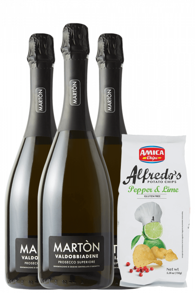 3 Prosecco Di Valdobbiadene Superiore DOCG Extra Dry Martòn + Amica Chips Pepper &amp; Lime Alfredo's 3 x 150gr