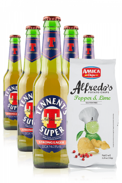 Tennent's Super da 24 x 33cl + Amica Chips Pepper & Lime Alfredo's 3 x 150gr