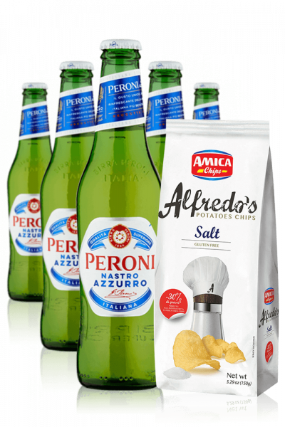 Peroni Nastro Azzurro 24 x 33cl + Amica Chips Alfredo's Sea Salt 3 x 150 gr