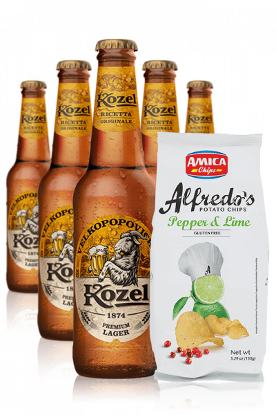 Kozel Premium Lager da 24 x 33cl + Amica Chips Pepper & Lime Alfredo’s 3 x 150 gr