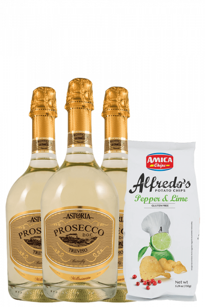 3 Prosecco DOC Treviso Butterfly 2022 Astoria + Amica Chips Pepper &amp; Lime Alfredo's 3 x 150gr