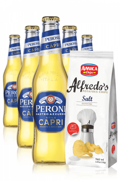 Peroni Nastro Azzurro Capri Style 24 x 33cl (Exp. 31/07) + Amica Chips Alfredo's Sea Salt 3 x 150
