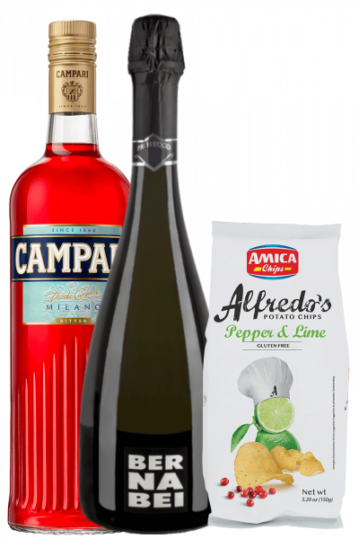 Bitter Campari 1Litro + Prosecco DOC 2022 Bernabei + Amica Chips Pepper & Lime Alfredo's 3 x 150gr