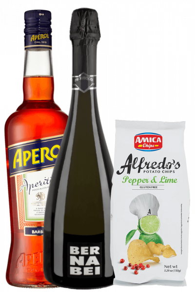 Aperitif Aperol 1Liter + Prosecco DOC 2022 Bernabei + Amica Chips Pepper &amp; Lime Alfredo's 3 x 150gr